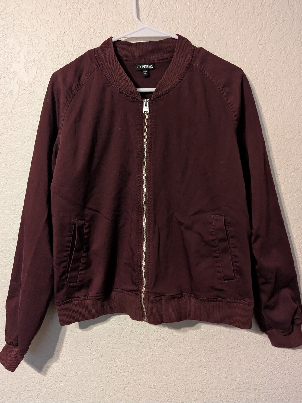 Express Burgundy Varsity Zipper Jacket Lined Cotton w/ Pockets, Size L